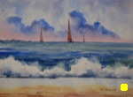 landscape, seascape, beach, surf, waves, clouds, boat, sailboat, original watercolor painting, oberst